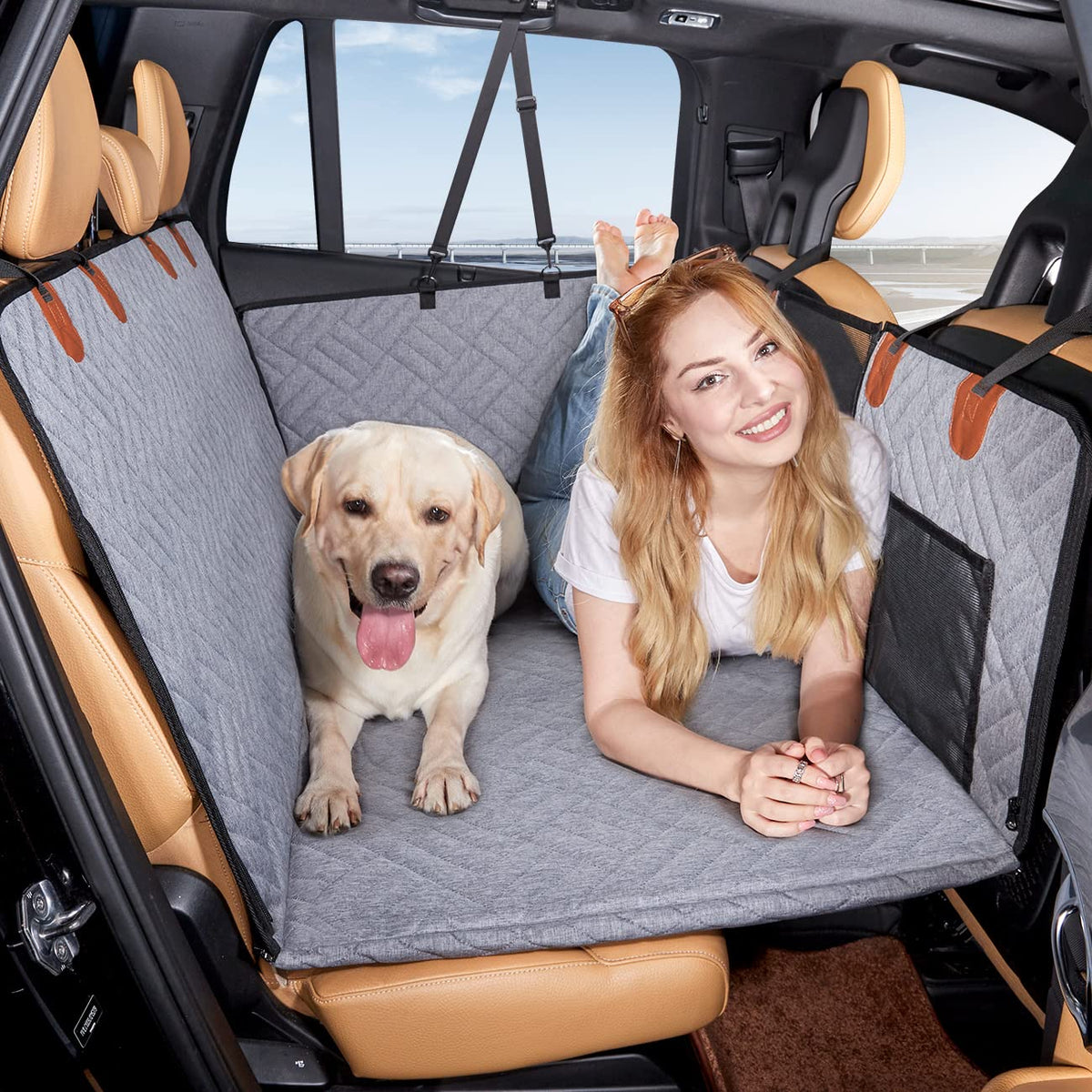 Hard-Bottom Dog Car Seat Cover & Back Seat Extender for Travel