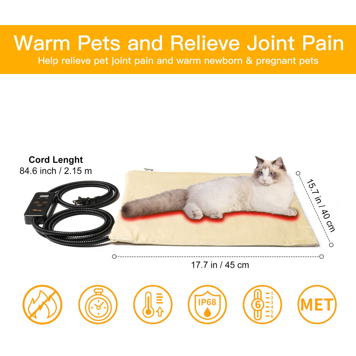 Pet Heating Pad with 6 Temperature Levels & Timer for Dogs & Cats