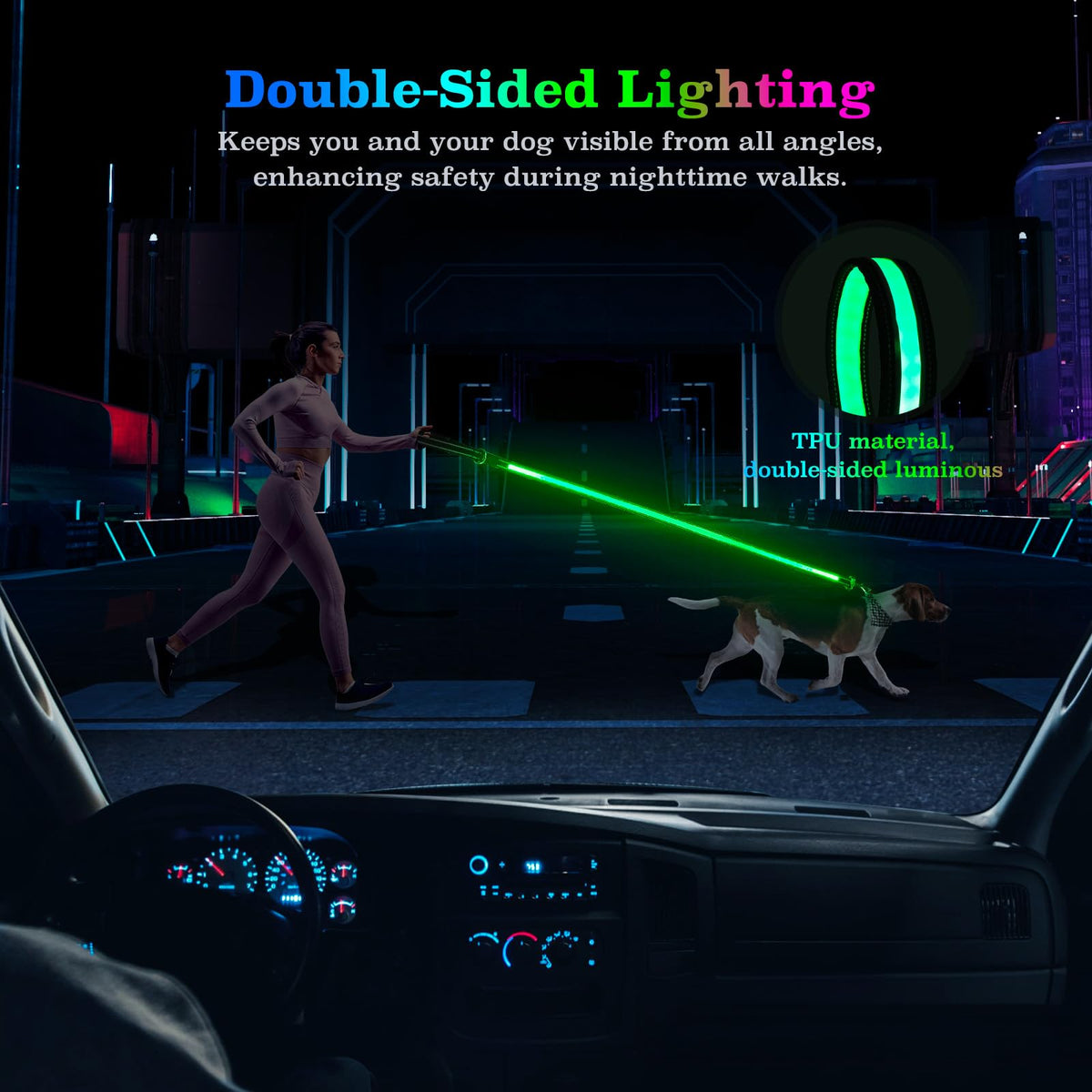 Rechargeable LED Dog Leash with 7 Lighting Modes & Padded Handle