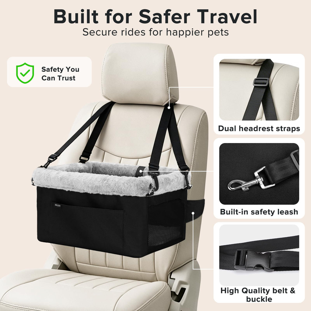 Deluxe Small Dog Booster Car Seat with Metal Frame & Safety Leash