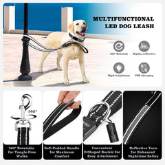 Rechargeable LED Dog Leash with 7 Lighting Modes & Padded Handle