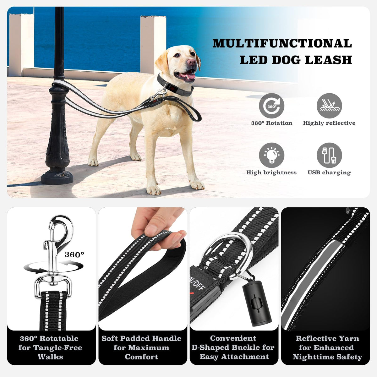 Rechargeable LED Dog Leash with 7 Lighting Modes & Padded Handle