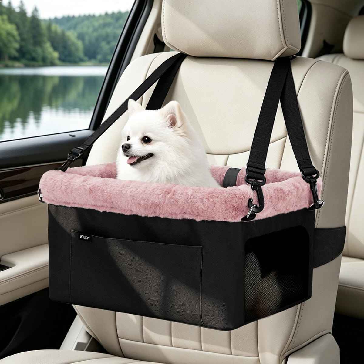 Deluxe Small Dog Booster Car Seat with Metal Frame & Safety Leash
