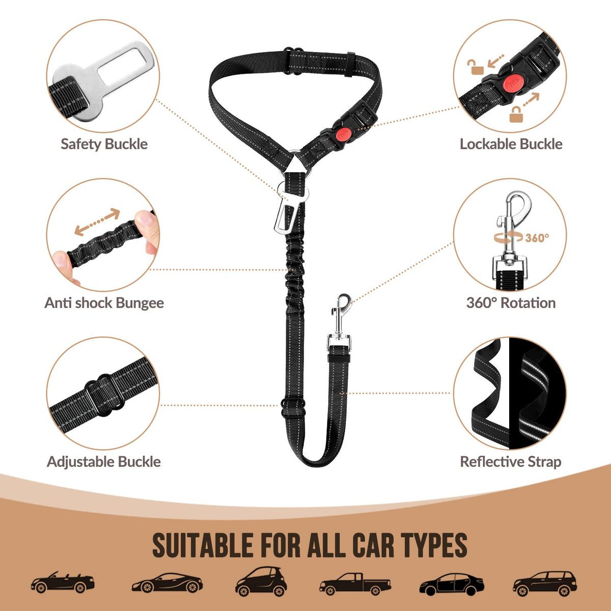2-Pack Dog Car Seat Belt with Adjustable Bungee for Safe Travel