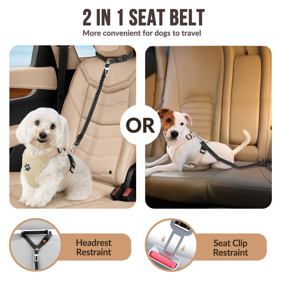 2-Pack Dog Car Seat Belt with Adjustable Bungee for Safe Travel