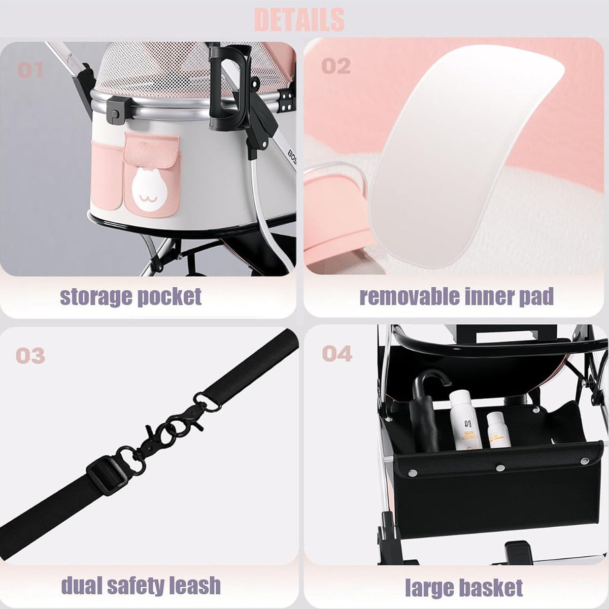 Foldable 4-Wheel Pet Stroller with Detachable Carrier & Safety Belt