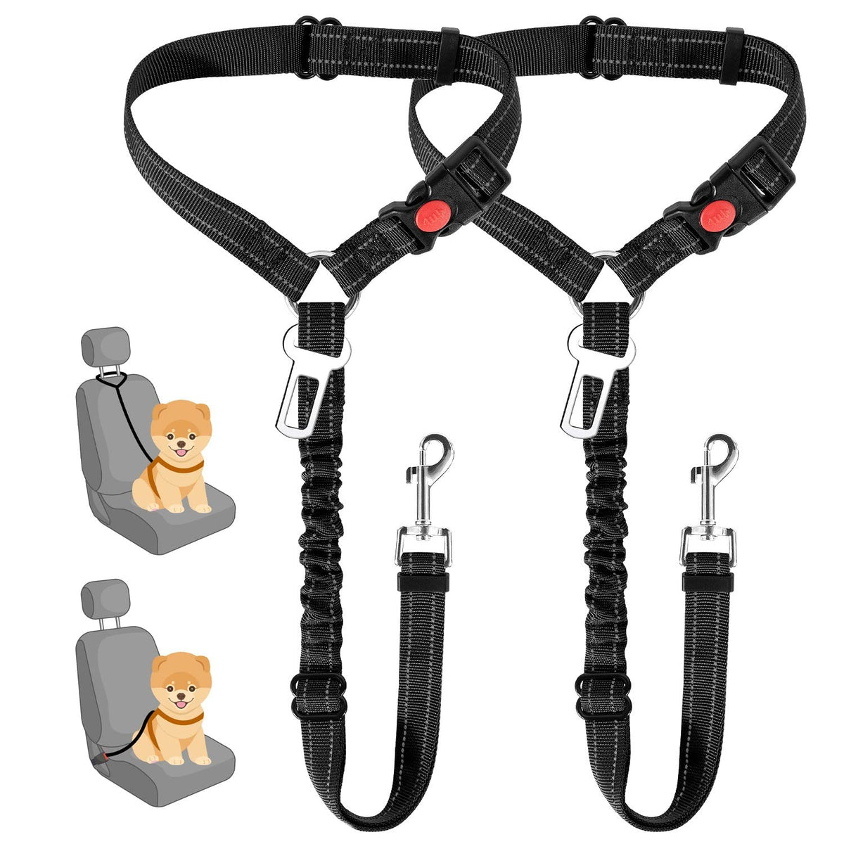 2-Pack Dog Car Seat Belt with Adjustable Bungee for Safe Travel