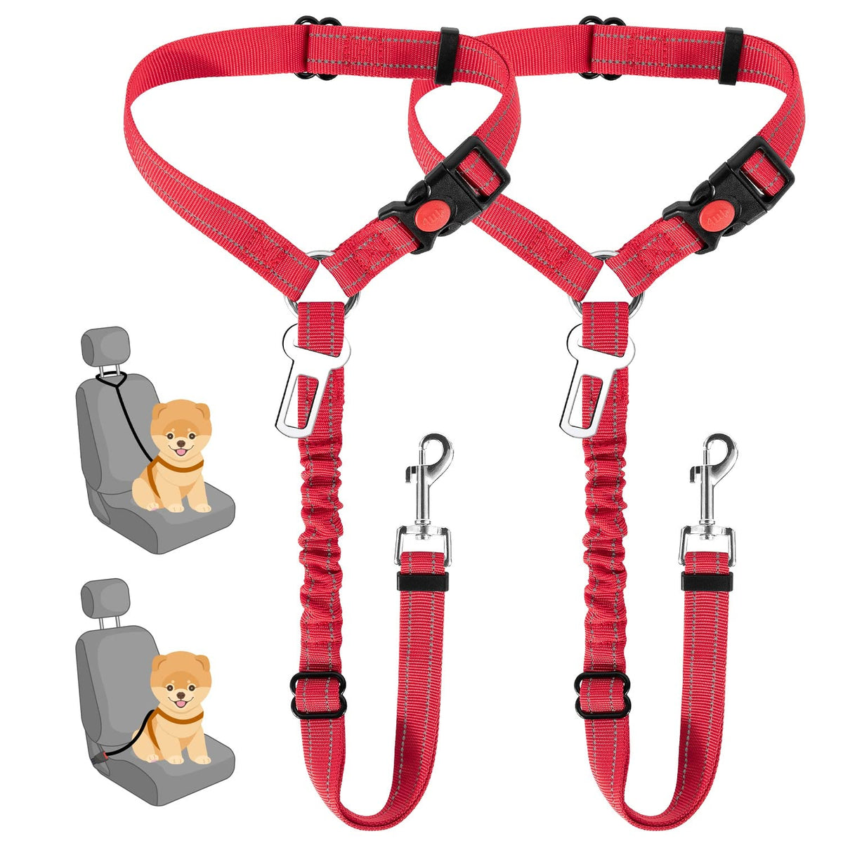 2-Pack Dog Car Seat Belt with Adjustable Bungee for Safe Travel