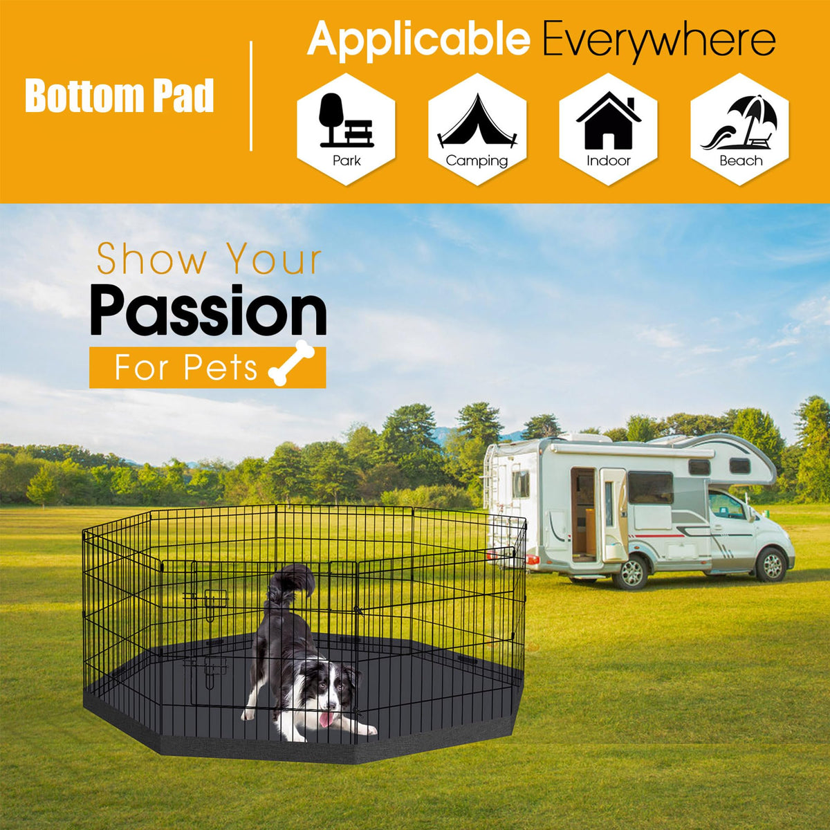 8-Panel Foldable Metal Pet Playpen with Bottom Pad & Cover