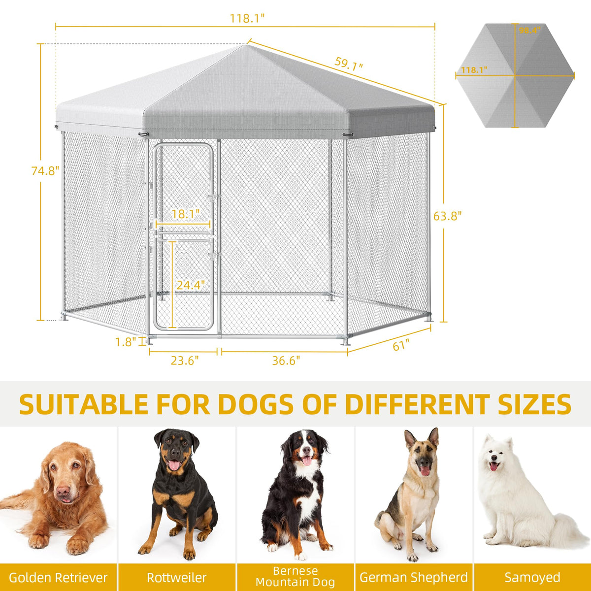 Outdoor Dog Kennel with Rotating Feeder Bowls, 7.5 x 7.5 ft