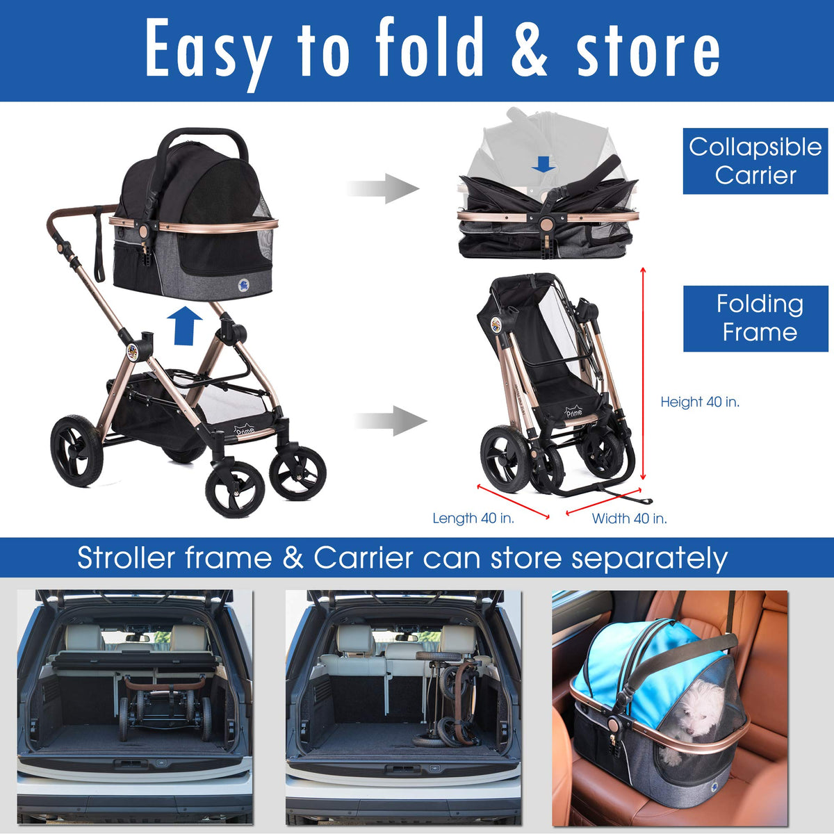 3-in-1 Pet Stroller with Detachable Carrier & Car Seat for Travel