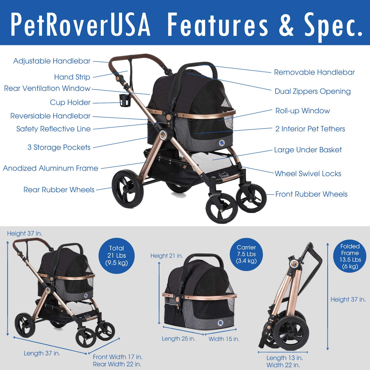 3-in-1 Pet Stroller with Detachable Carrier & Car Seat for Travel