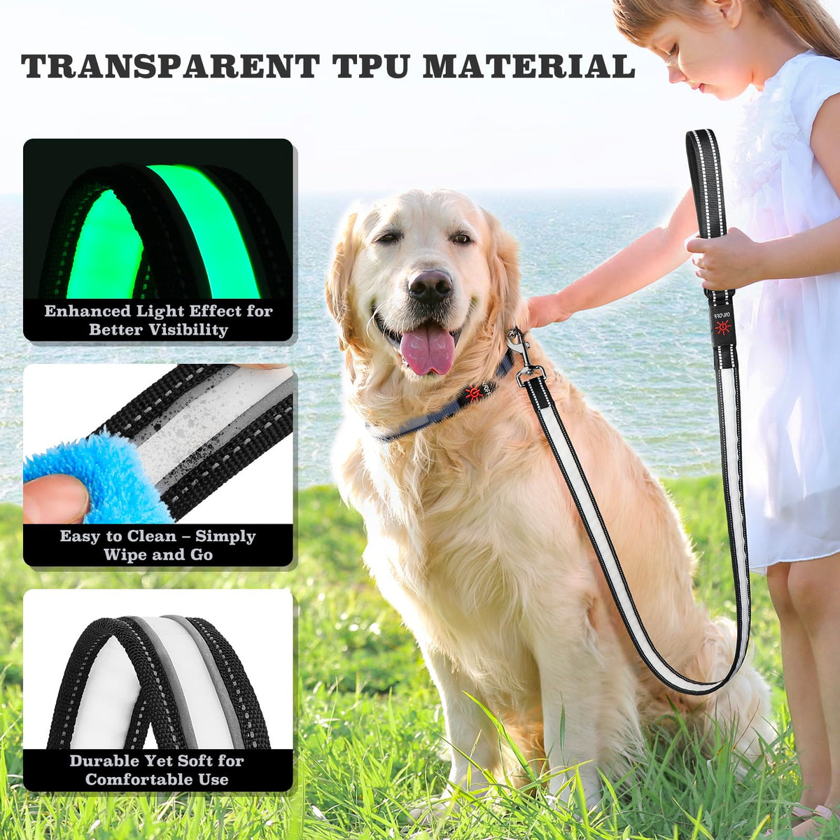 Rechargeable LED Dog Leash with 7 Lighting Modes & Padded Handle