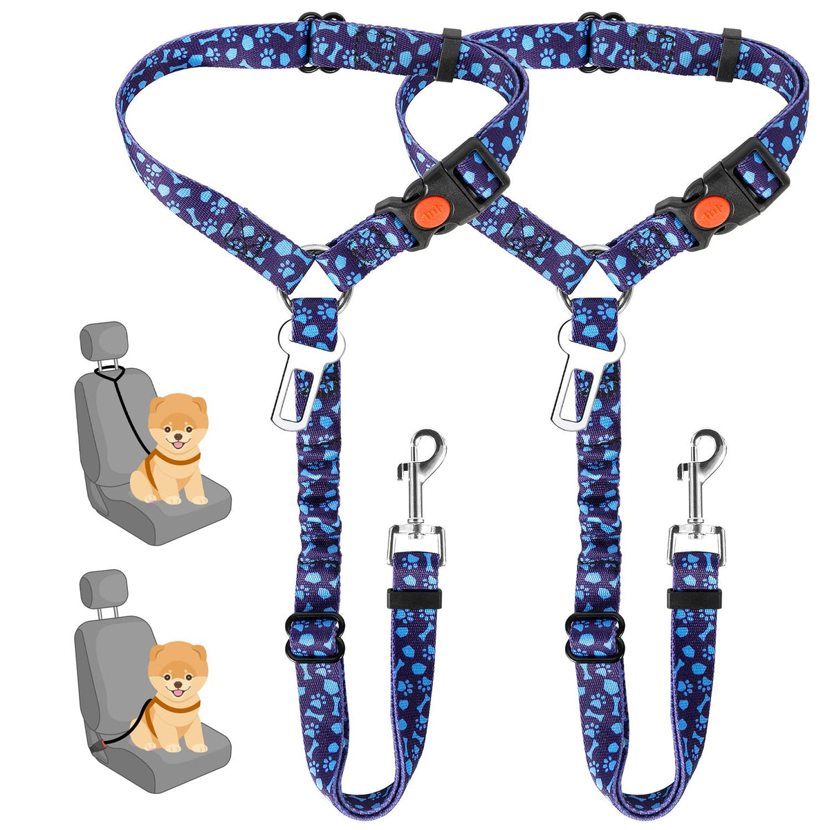 2-Pack Dog Car Seat Belt with Adjustable Bungee for Safe Travel