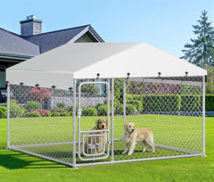 Outdoor Dog Kennel with Rotating Feeder Bowls, 7.5 x 7.5 ft