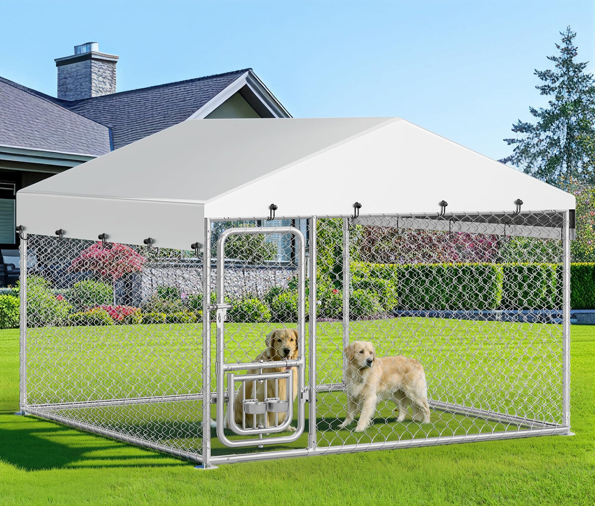 Outdoor Dog Kennel with Rotating Feeder Bowls, 7.5 x 7.5 ft