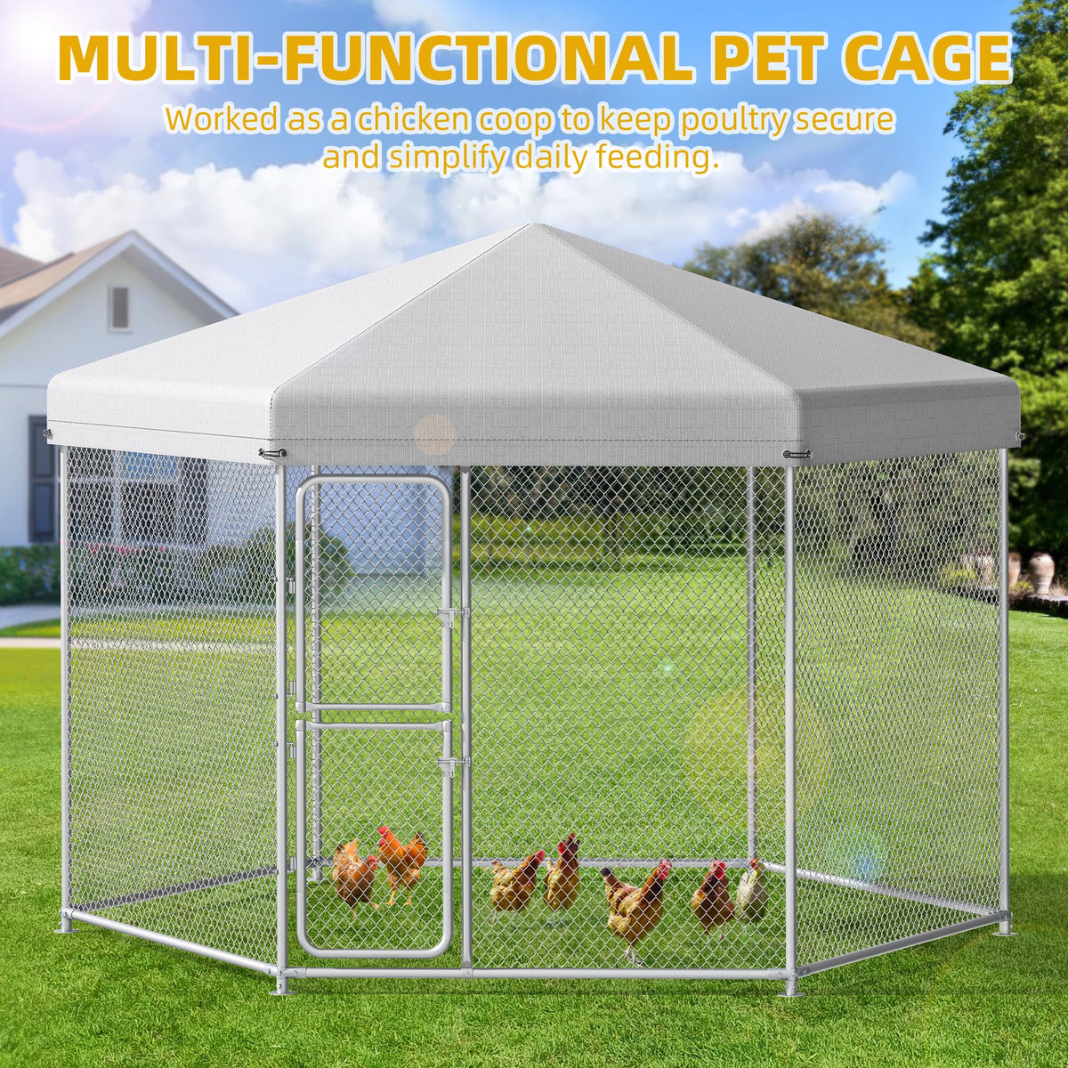 Outdoor Dog Kennel with Rotating Feeder Bowls, 7.5 x 7.5 ft