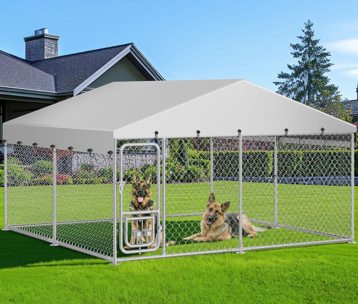 Outdoor Dog Kennel with Rotating Feeder Bowls, 7.5 x 7.5 ft